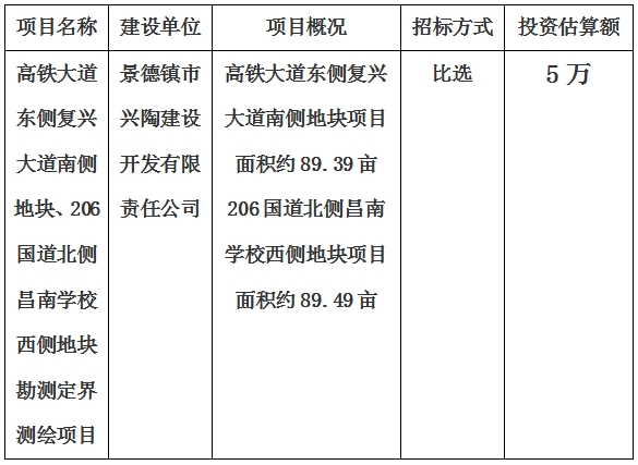 景德鎮(zhèn)市高鐵大道東側復興大道南側地塊、206國道北側昌南學校西側地塊勘測定界測繪項目計劃公告