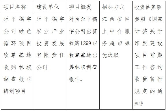 樂(lè)平德宇公司綠色循環(huán)項(xiàng)目收購(gòu)1299畝牧草基地林權(quán)調(diào)查報(bào)告編制項(xiàng)目計(jì)劃公告