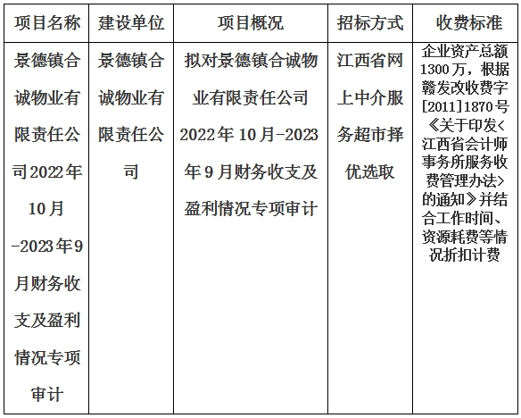 景德鎮(zhèn)合誠物業(yè)有限責任公司2022年10月-2023年9月財務收支及盈利情況專項審計的計劃公告