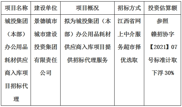 城投集團(tuán)(本部)辦公用品耗材供應(yīng)商入庫(kù)項(xiàng)目招標(biāo)代理計(jì)劃公告