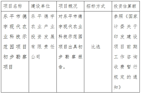 樂(lè)平德宇公司現(xiàn)代農(nóng)業(yè)科技示范園項(xiàng)目初步勘察項(xiàng)目計(jì)劃公告