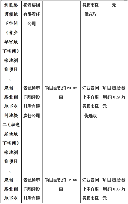 景德鎮(zhèn)市昌南新區(qū)LJ1-03-A01-1地塊、瓷都大道東側中渡口地下空間（格蘭云天大酒店地下空間）、光明大道北側利民路西側地下空間（青少年宮地下空間）、規(guī)劃二路北側地下空間地塊二（加速基地地下空間）、規(guī)劃二路北側地下空間地塊一（加速基地地下空間）、景德大道南側天寶橋西側地塊、景興大道東側如意路北側地下空間(社會公共服務