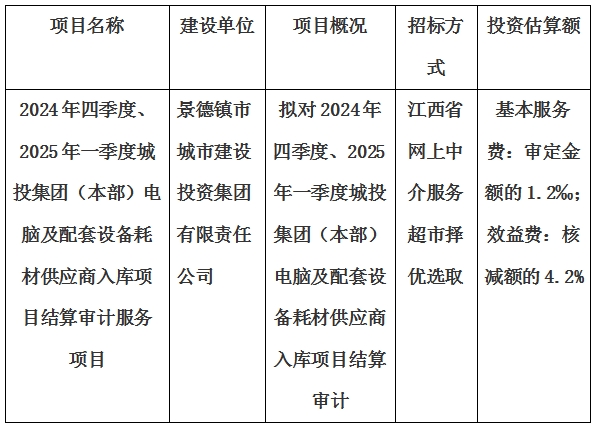 2024年四季度、2025年一季度城投集團(tuán)（本部）電腦及配套設(shè)備耗材供應(yīng)商入庫項(xiàng)目結(jié)算審計(jì)服務(wù)項(xiàng)目計(jì)劃公告